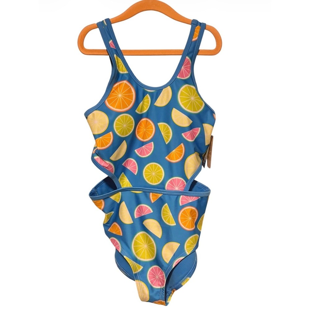 DSG Girls Main Squeeze One Piece Swimsuit Blue Citrus Fruit Cut Out Size L 10-12